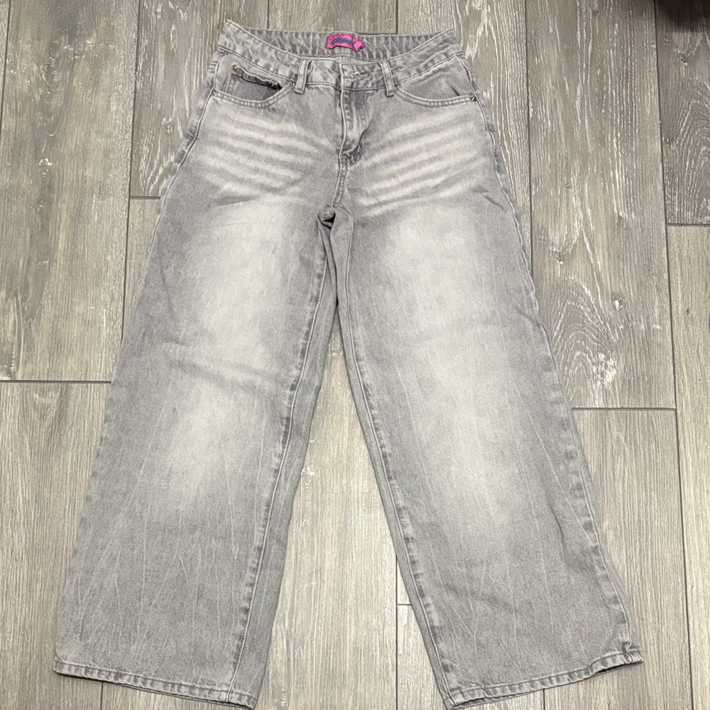 Petite Wide Leg Acid Wash Magda Gray Washed Jeans